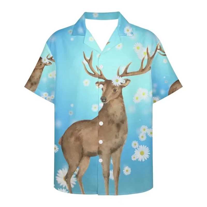 Summer Casual Animal Deer Tiger Pattern Print Hawaiian Shirts Fashion Short Sleeve Party Blouse Men\'s Button Down Shirts Tops