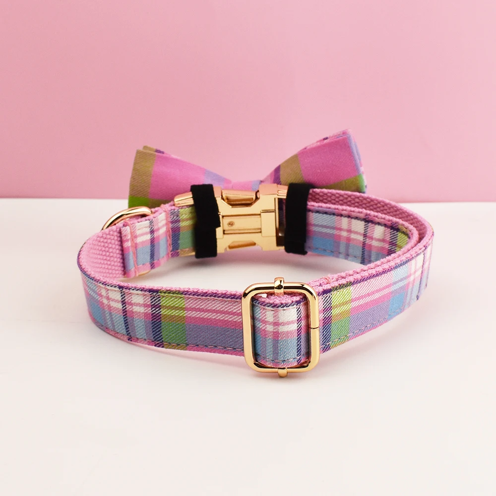 Plaid Pattern Cat Collar Bowknot Adjustable Safety Personalized pet collar Customized Name Soft Collar