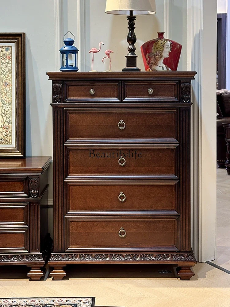 

45American chest pure solid wood carving flower living room side cabinet storage villa master bedroom chest