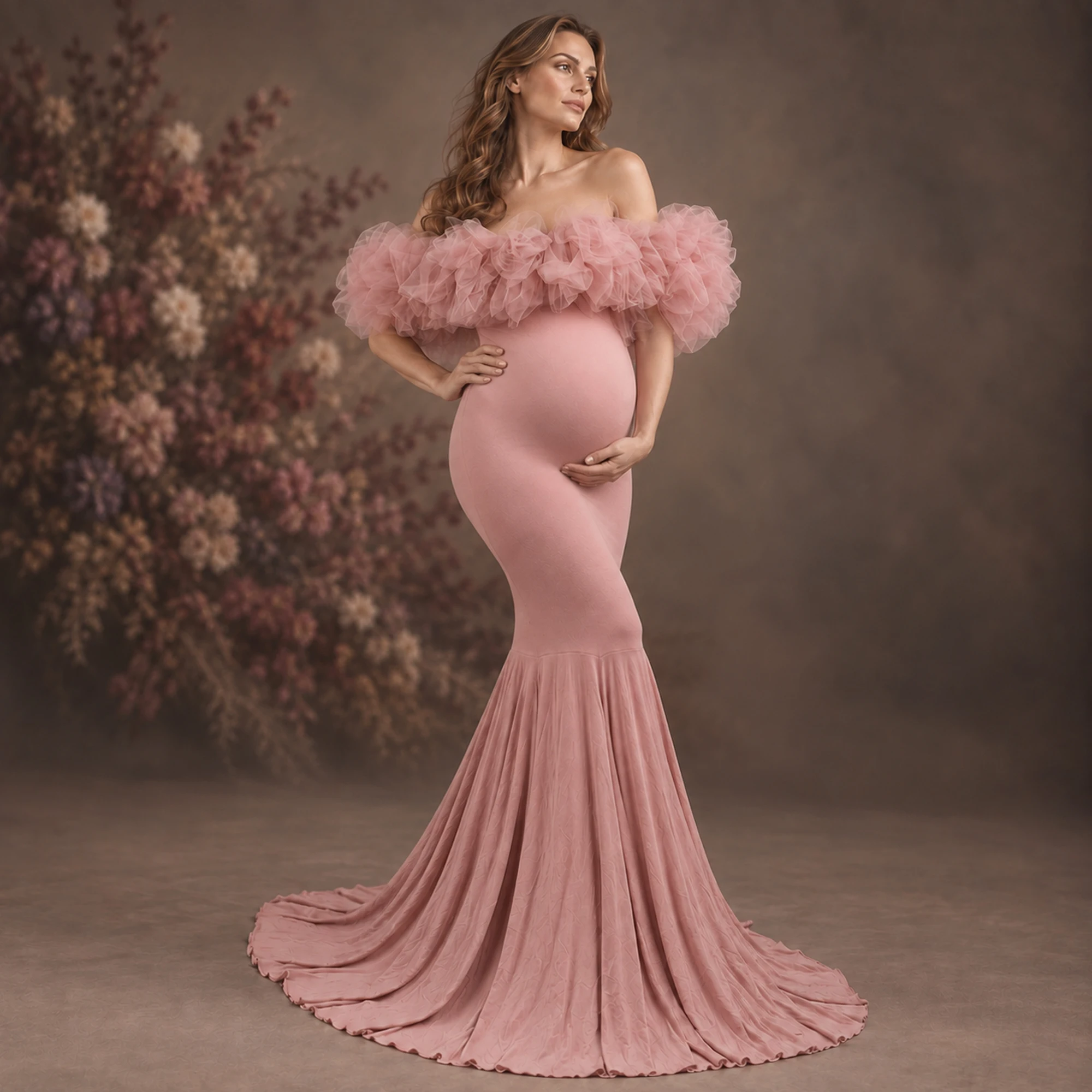 Don&Judy Off-Shoulder Ruffled Tulle Mermaid Maternity Gown with Floor-Length Train for Elegant Baby Shower Maternity Photoshoot
