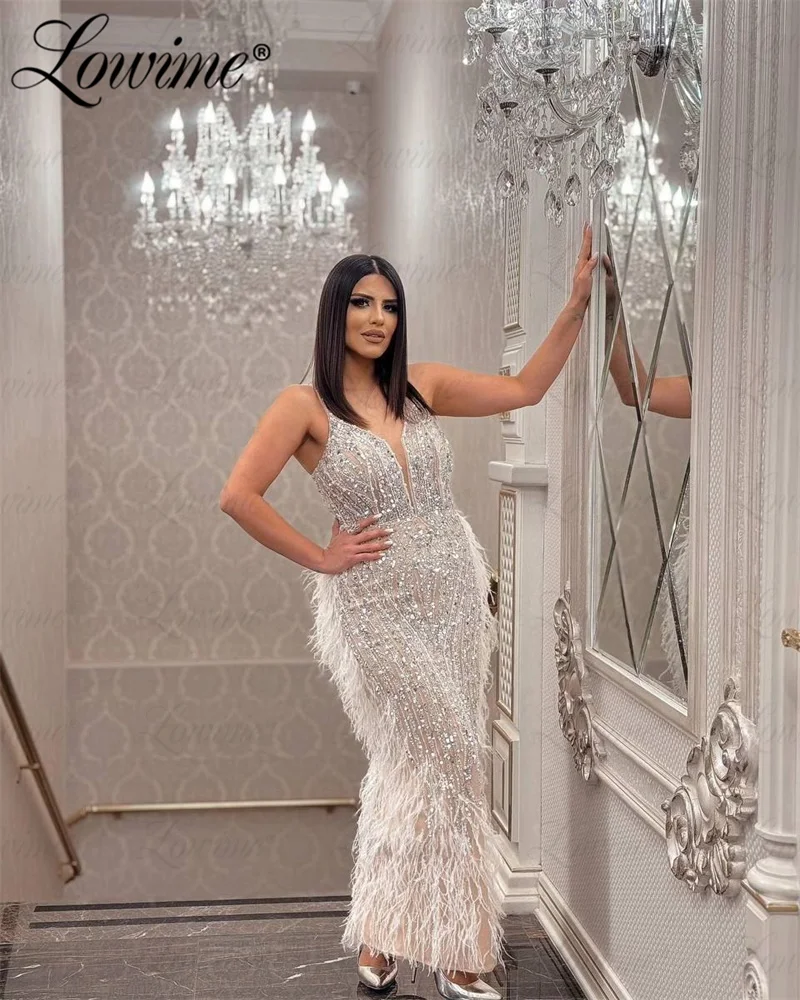 Feathers Arabic Party Dress Full Beading Crystals Evening Gowns Off White Spaghetti Straps Celebrity Dresses Luxury Prom Dress