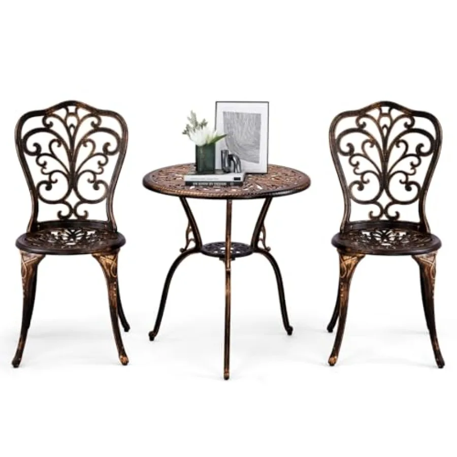 

Patio Table and Chairs Set Cast Aluminum Outdoor Cafe Table and Chairs Set of 3 Stability Patio Bistro Sets with Umbrella Hole