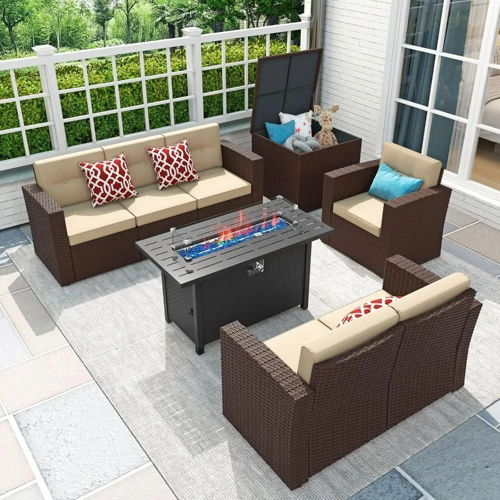 8 Pieces Patio Furniture Set with Fire Pit Table, Wicker Rattan Sofa Set with Storage Box for Garden, Poolside, Backyard