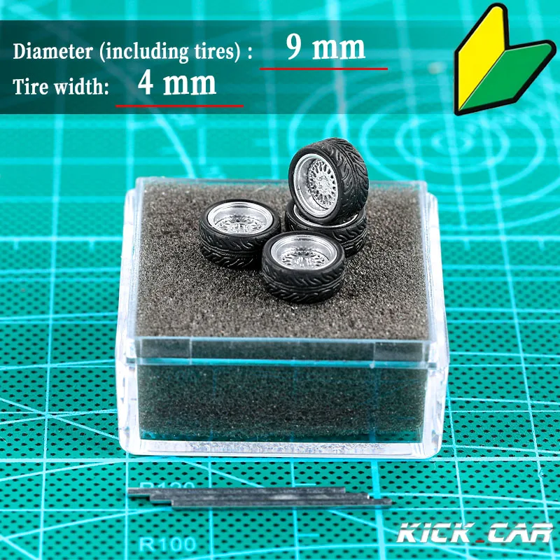 KICARMOD 1/64 ABS 실버 휠, 고무 타이어 포함, 개조 부품 직경 10mm, 모델 자동차 레이싱 차량 장난감 핫휠