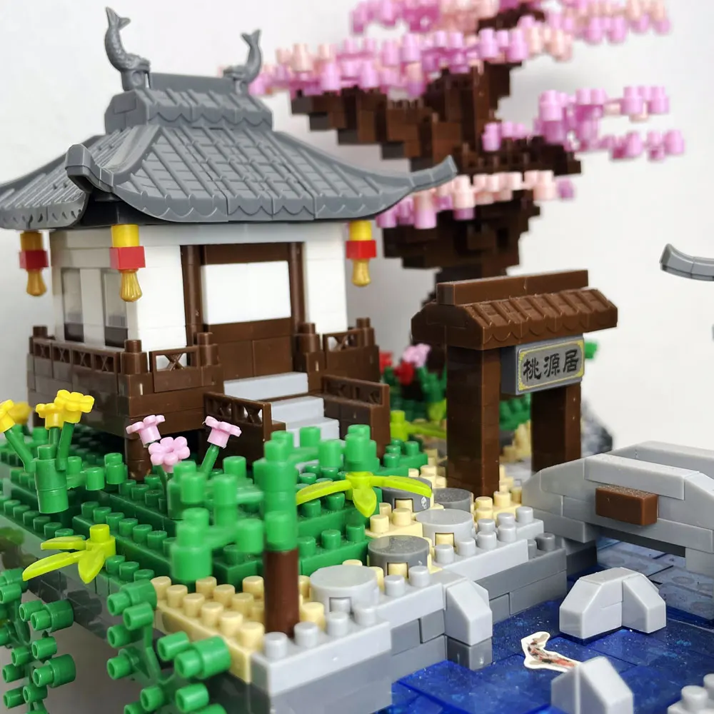 Waterfall Peach Blossom Pond Themed Micro Brick Set with LED Lighting Toy:Classic Chinese Landscape for Unique Nighttime Display