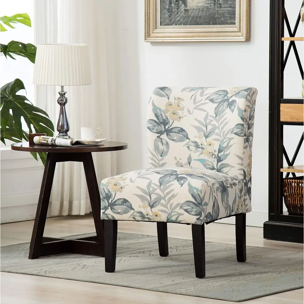 

a Print abric ArmlContemporary Accent Chair, Blue Leaves