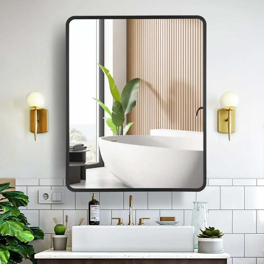 Movo 24 Inch x 30 Inch Black Metal Framed Bathroom Mirror Medicine Cabinet Rectangle Tilting Beveled Vanity Mirrors Recess or Su