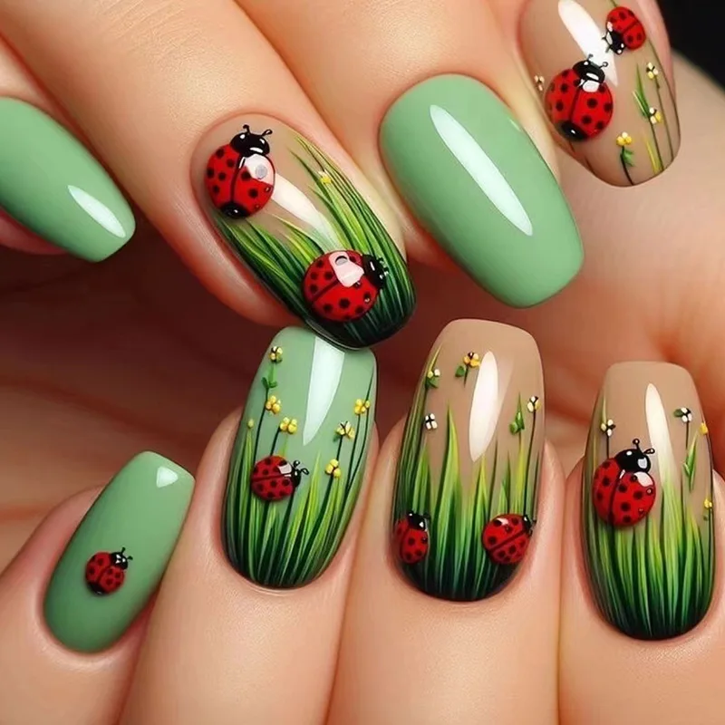 

24 Pcs Cartoon False Nails To Stick Meadow Ladybug Square Fake Nails with Glue Solid Medium Kawaii Holiday Press on Nails Girls