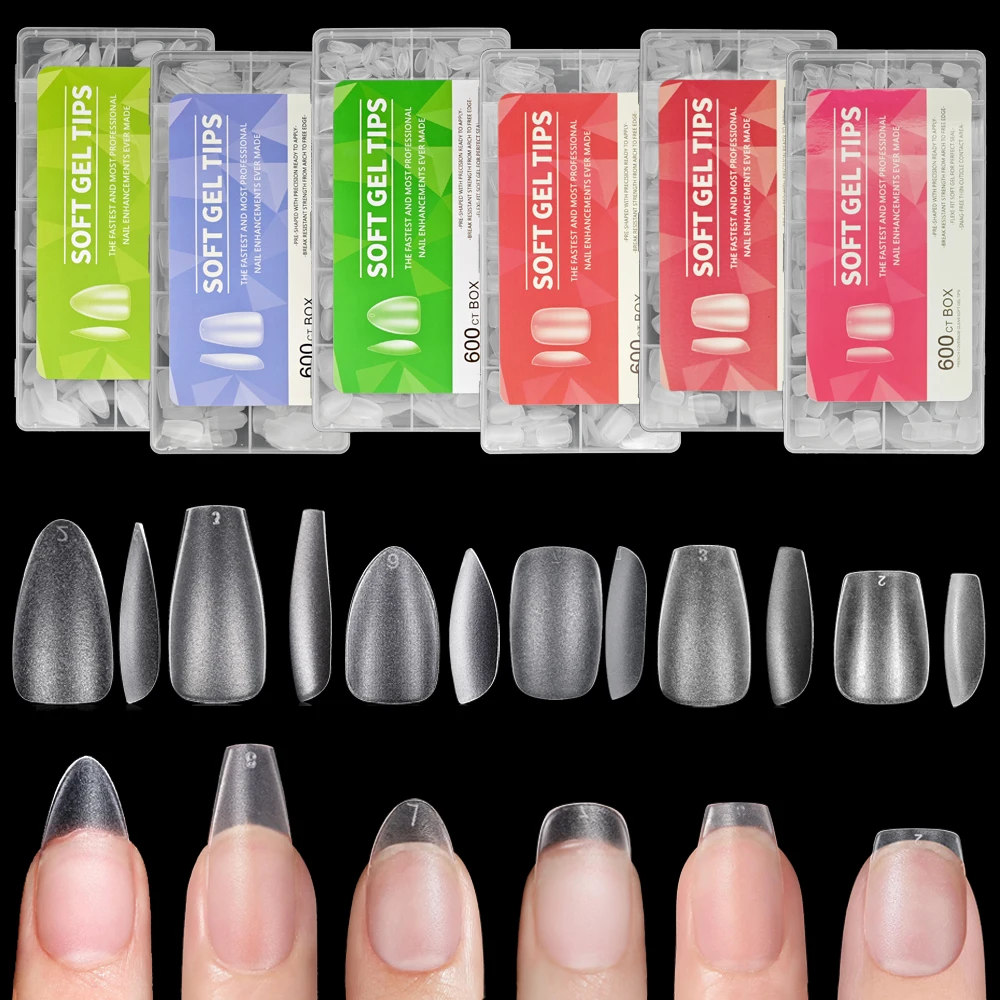 600pcs Transparent Almond/Coffin/Square Nail Tips - Medium/Short Length, Full Matte, Pure Color Soft Gel ABS False Nails, Full C