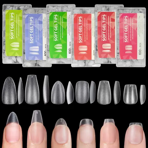600pcs Transparent Almond/Coffin/Square Nail Tips - Medium/Short Length, Full Matte, Pure Color Soft Gel ABS False Nails, Full C