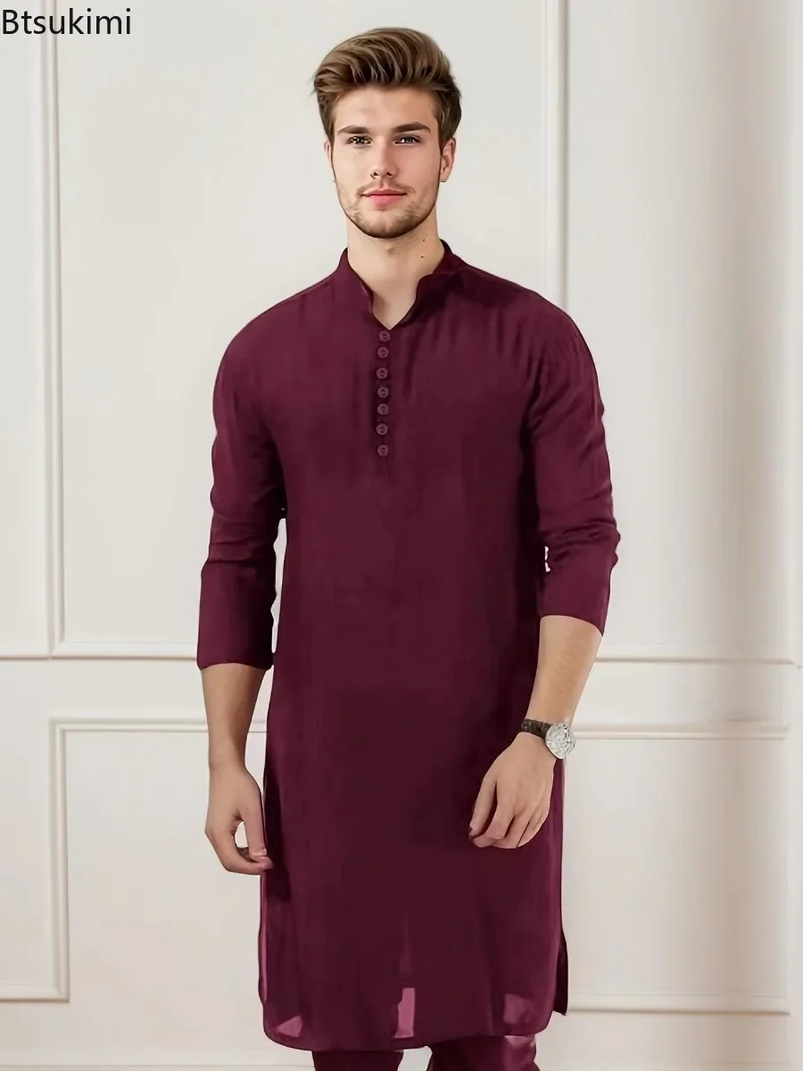 New 2025 Islamic Clothing for Muslim Fashion Man Long Robes Solid Long Sleeve Arabic Arab Simple Casual Mens Shirt Jubba Thobe