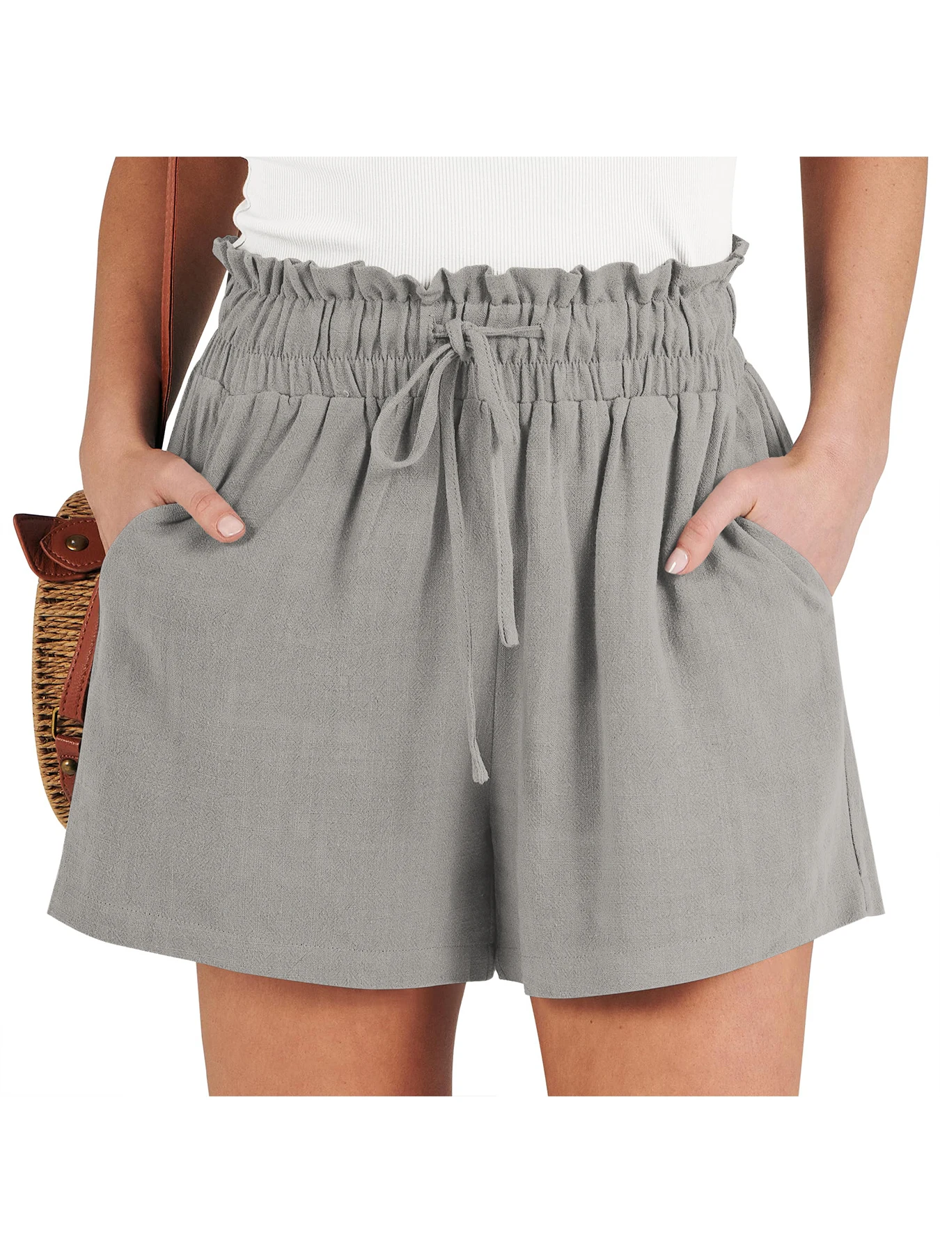 Damen-Shorts, atmungsaktiv, Kordelzug, elastische Taille, leicht, einfarbig, lässig, Business-Stil, modische Leinen-Shorts – Detail 17