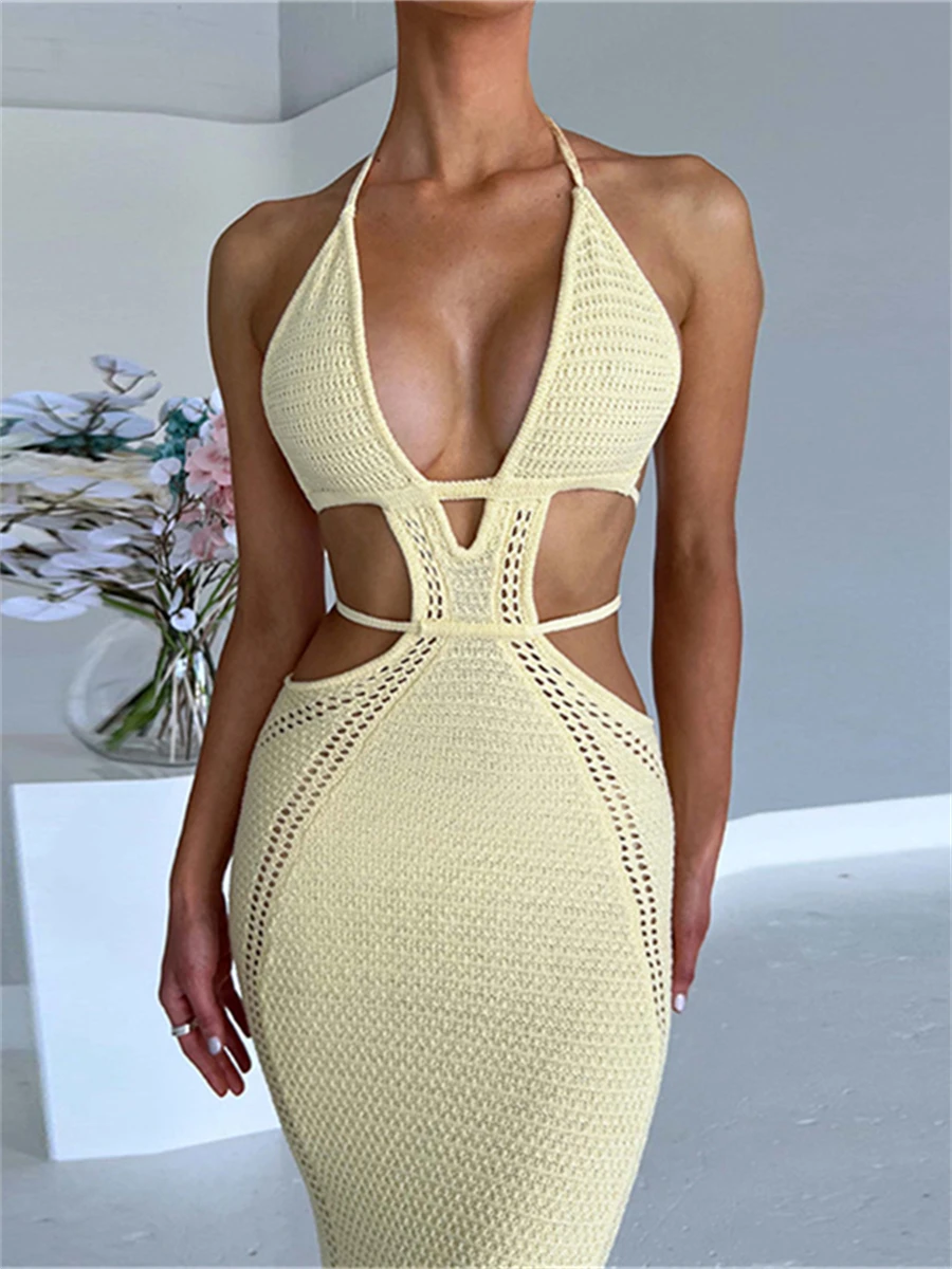 wsevypo Women Halter Tie-up Knit Crochet Beach Dress Sexy Backless Sleeveless Deep V Cutout Waist Wrapped Bodycon Dress Clubwear