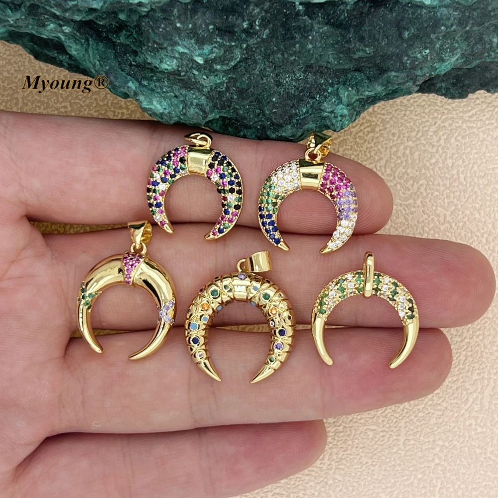 

10PCS Exquisite Micro Paved CZ Zirconia Double Horn Crescent Moon Pendant Gold Color Women Jewerly HH2302