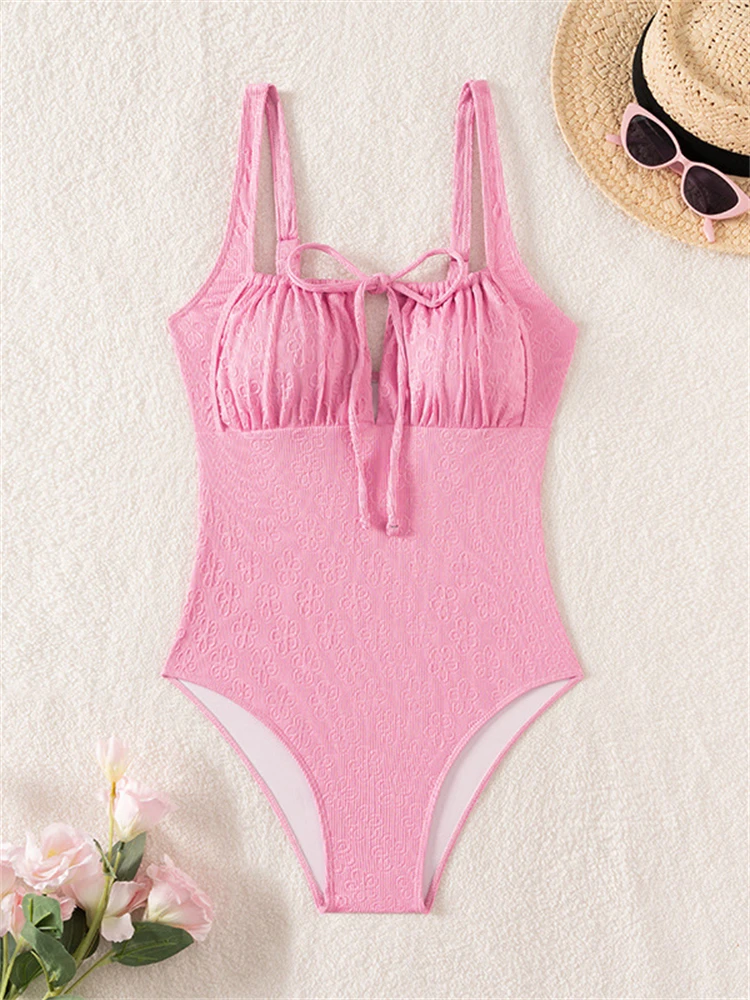 

One Piece Swimsuit Women 2024 New Solid Ribbed Sling V Neck Sexy Bodysuit Swimwear Monokini Summer Beachwear Bathing Suit Female