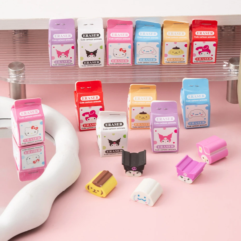 

6Pc Hello Kitty Kuromi Milk Carton Erasers Cartoon Sanrio Cinnamoroll Melody Student Book Cleaning Tools School Stationery Prize