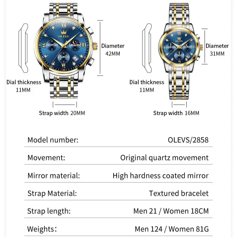 OLEVS 2858 العلامة التجارية الفاخرة كوارتز ساعة الزوجين مقاوم للماء ساعة عاشق هدية كلاسيكية مضيئة مرحلة القمر كرونوغراف ساعة له أو لها