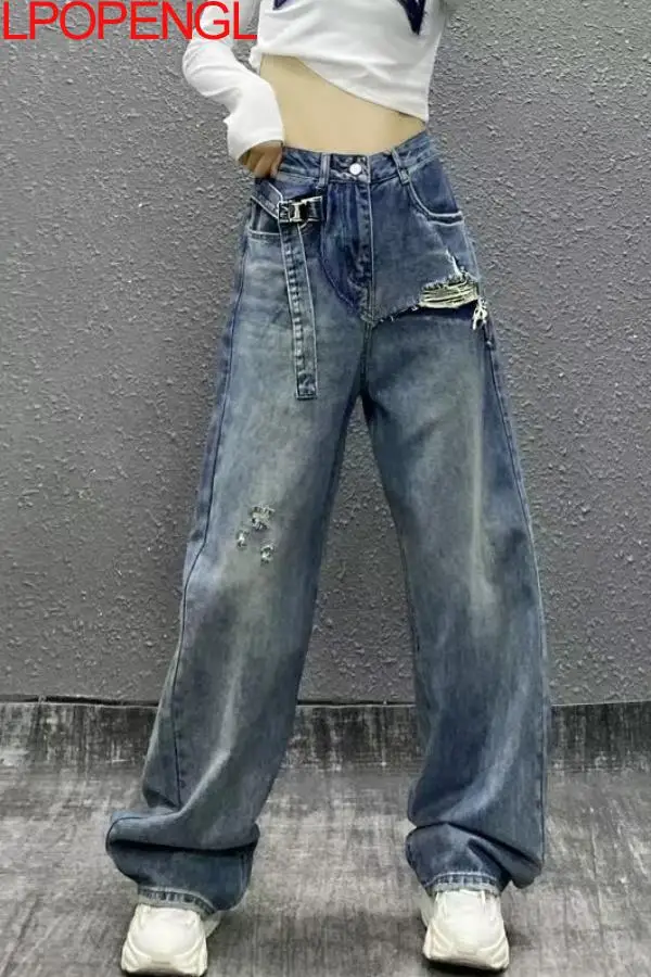 Personalized Perforated Casual Loose Jeans Women's High Waist Loose Fit Straight Wide Leg Patchwork Pocket Floor Length Pants