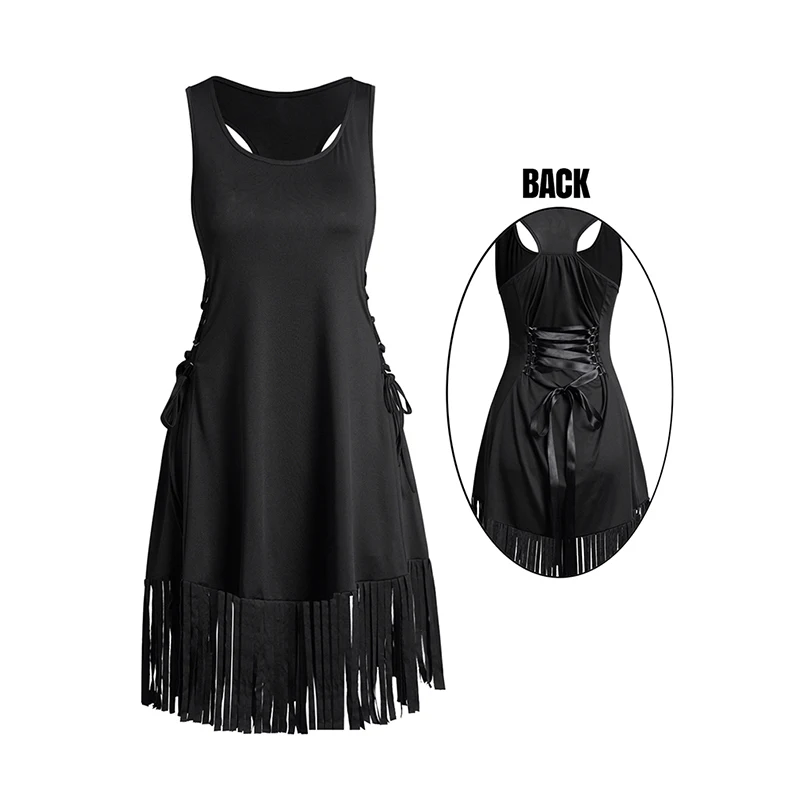 

Fashion Summer Dresses 2024 Lace Up Tassel Tank Dress Plain Color Racer Back Casual Mini Dress Black Dress