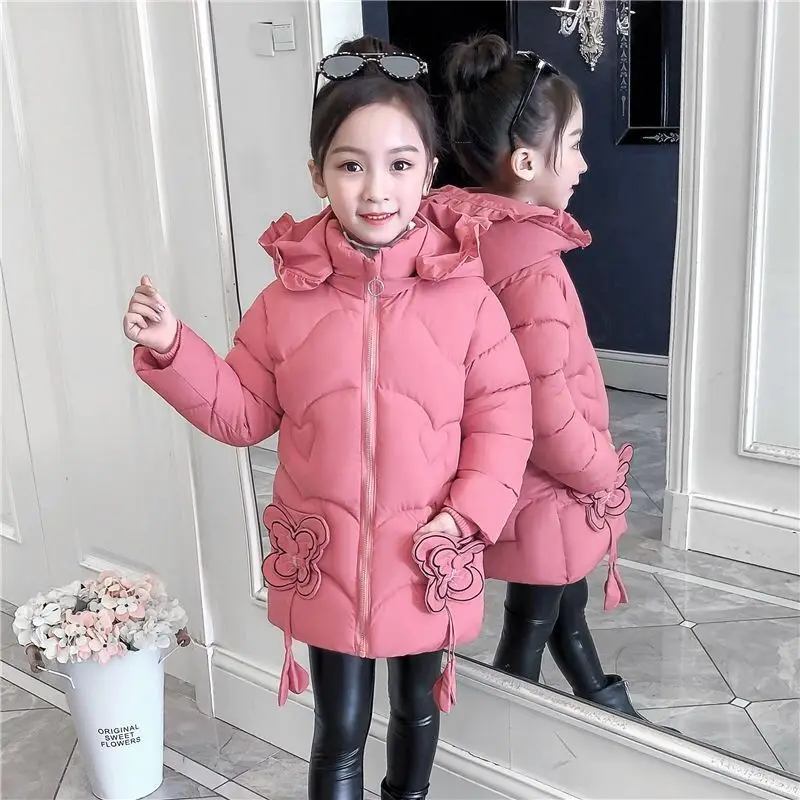 

Thickened Korean Style Hooded Mid-Length Cotton-Padded Jacket for Girls, Children's Winter Warm Coat 2025