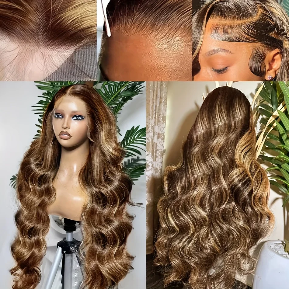 Peruca de Cabelo Humano Ombre Loiro Mel de 34 Polegadas com Densidade de 250% e Renda Frontal 13x4 HD, Ondas Corporais 4/27