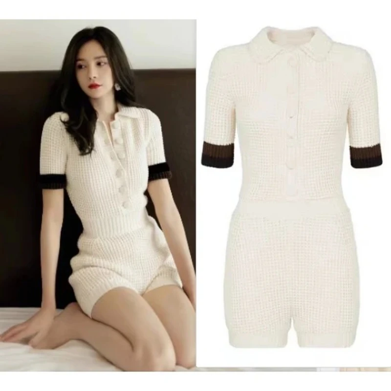 

Shen Mengchen Star Hollow Out Breathable Contrast Color Peter Pan Collar Slimming Jumpsuit Shorts