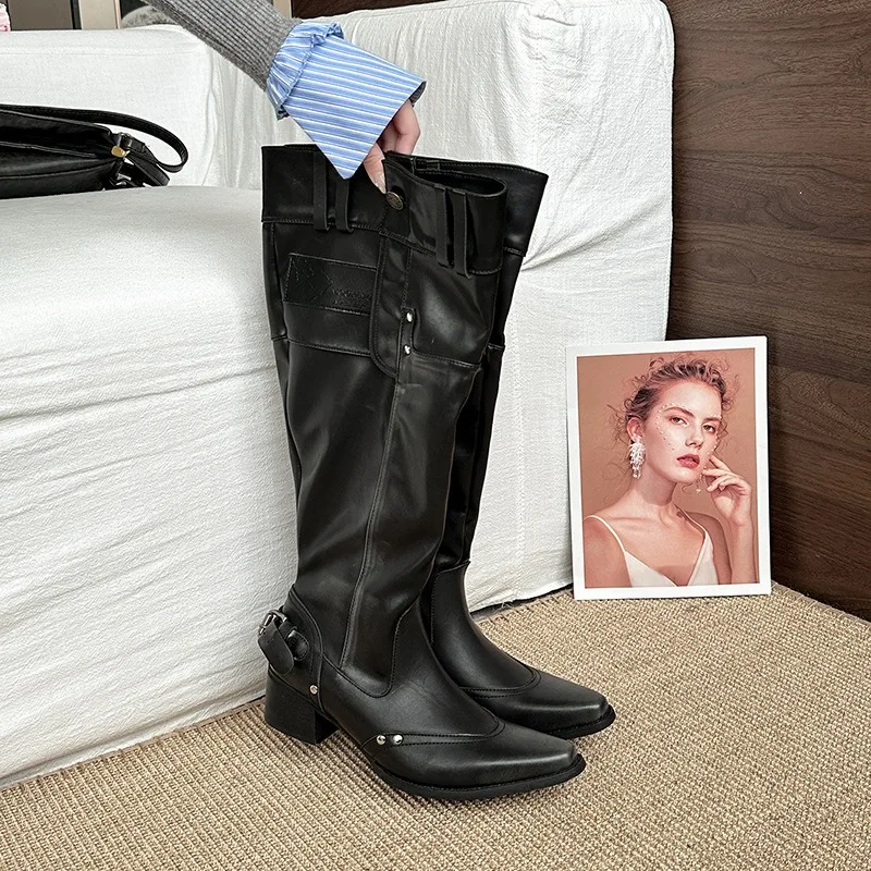 Womens Boots Vintage Women Knee High Western Boots Fashion Temperament Boot Soft Sole Platform Pointed Boots Botas Mujer 35-42