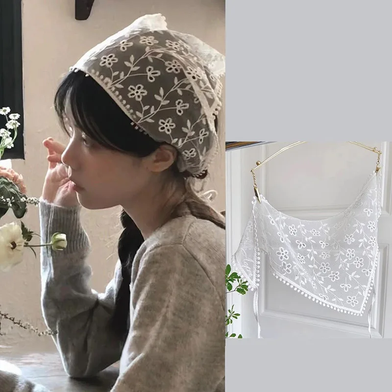 Sweet Flower Triangle Short Skirt Half Skirt Butt Curtain Skirt Women Lace Pastoral Headscarf Stacked Trim Apron French Headband