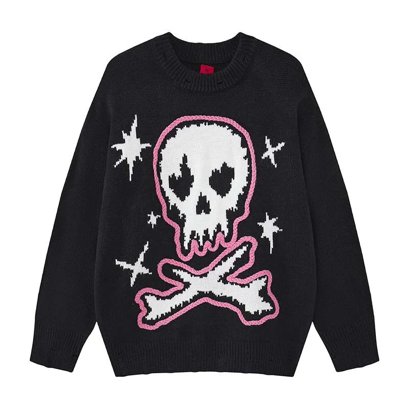 Skull Jacquard Splicing Sweaters Men Vintage Oversized Sweaters Knit Pullover Jumpers Streetwear Harajuku Hip Hop Y2K Knitwear
