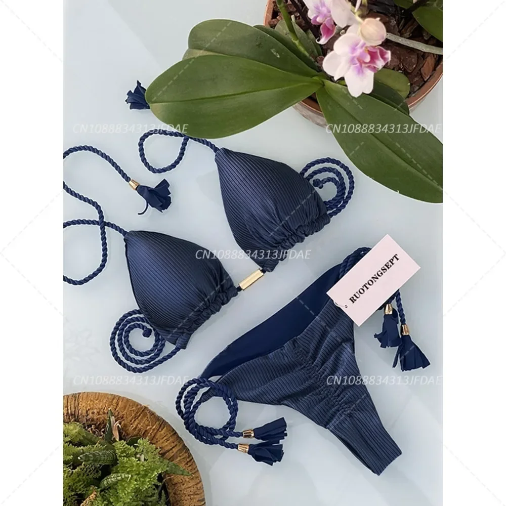 Mehrfarbiger sexy Badeanzug für Damen, Bikini, rückenfrei, Seil, Dreieck-Badeanzug, doppelseitige Stoffnähte, reine handgewebte Seil-Bikinis