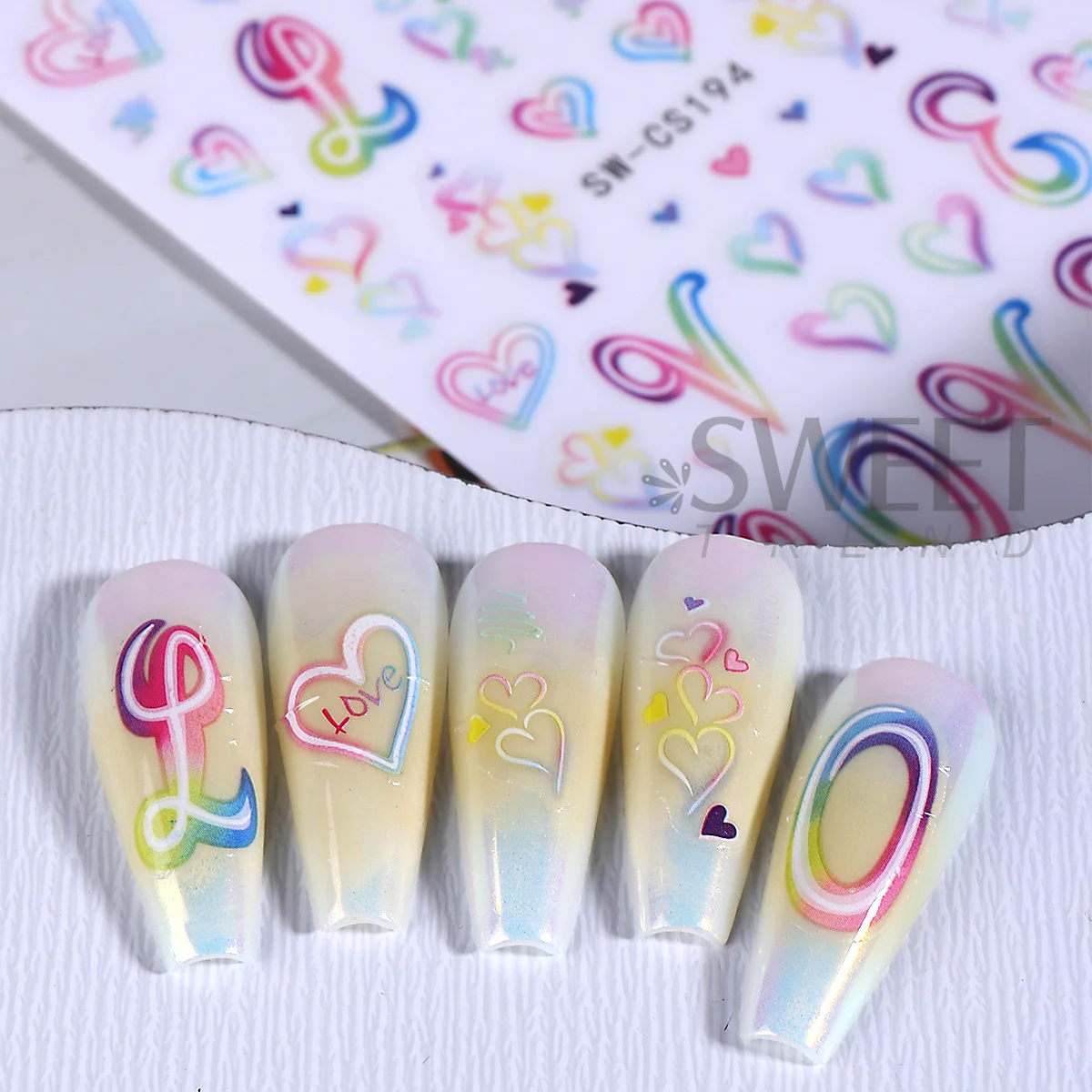 3 قطعة ملصقات أظافر على شكل قلب نيون ملونة جرافيتي قوس قزح تصميم خط تجريدي Y2K نمط عيد الحب لامع ملصق مانيكير إكسسوار #6