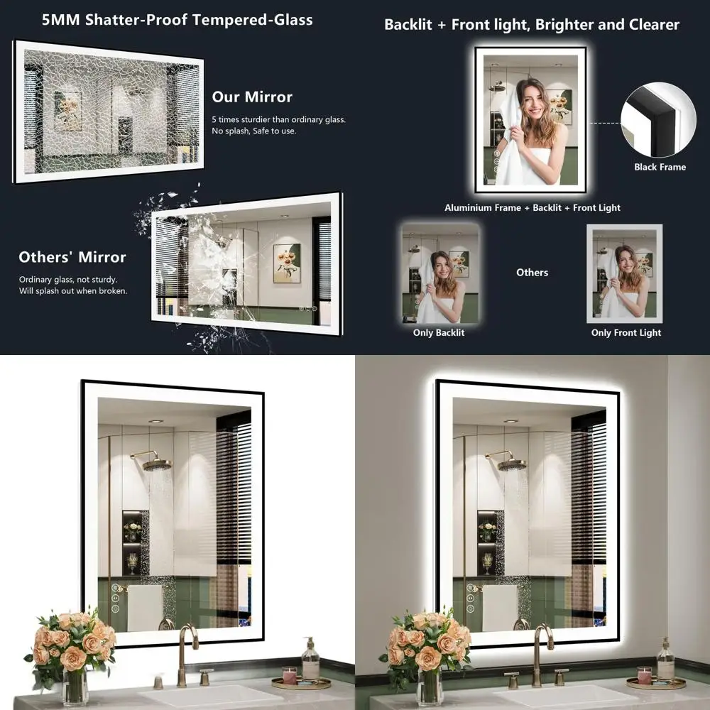 مرآة حمام مضيئة بإضاءة LED، 28 × 36، إطار أسود، قابلة للتعتيم، مضادة للضباب، زجاج مقسى، قابلة للتركيب على الحائط #1
