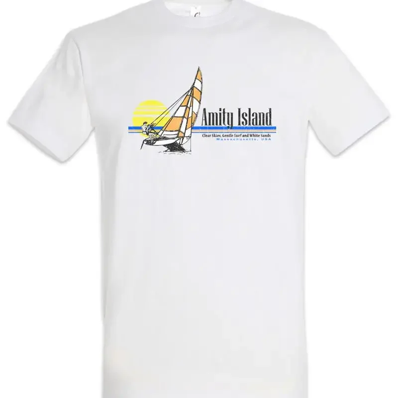 Amity Island Surfing II Men's T-Shirt White Shark Great Boat Jaws Surfer Shark