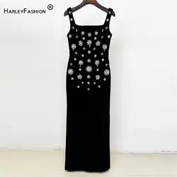 2024 Europe Style Lady Black Vintage Wear Women Fine Workmanship Rhinestone Beading Sleeveless Slim Fitted Slip Long Dress