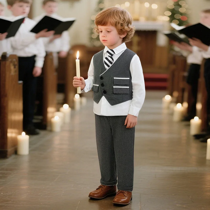 

Boys 3PCS Gentleman Outfit Spring Autumn Long Sleeve Shirt Vest Waistcoat Formal Dress Suit Wedding Birthday Party Clothes Sets