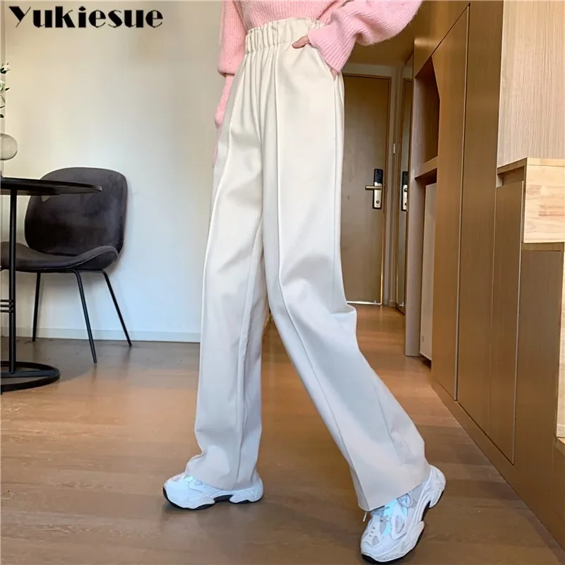 New Autumn Winter 2025 High Elastic Waist Elegant Long Wide Leg Woolen Pants New Loose Fit Trousers Women Fashion Elastic Tide