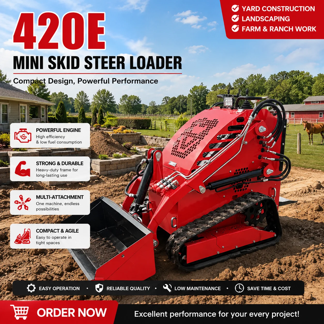 Mini-chargeuse compacte 420E, chargeuse hydraulique sur chenilles, 23 CV, fixation rapide pour travaux agricoles et de construction