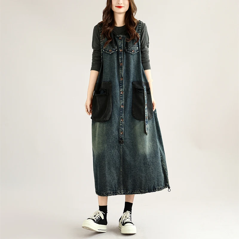Casual Loose Women's Knee-Length Overcoat Pure Color Pocket Splicing Design Wide Leg Jeans Casual Style Spring Autumn Cotton