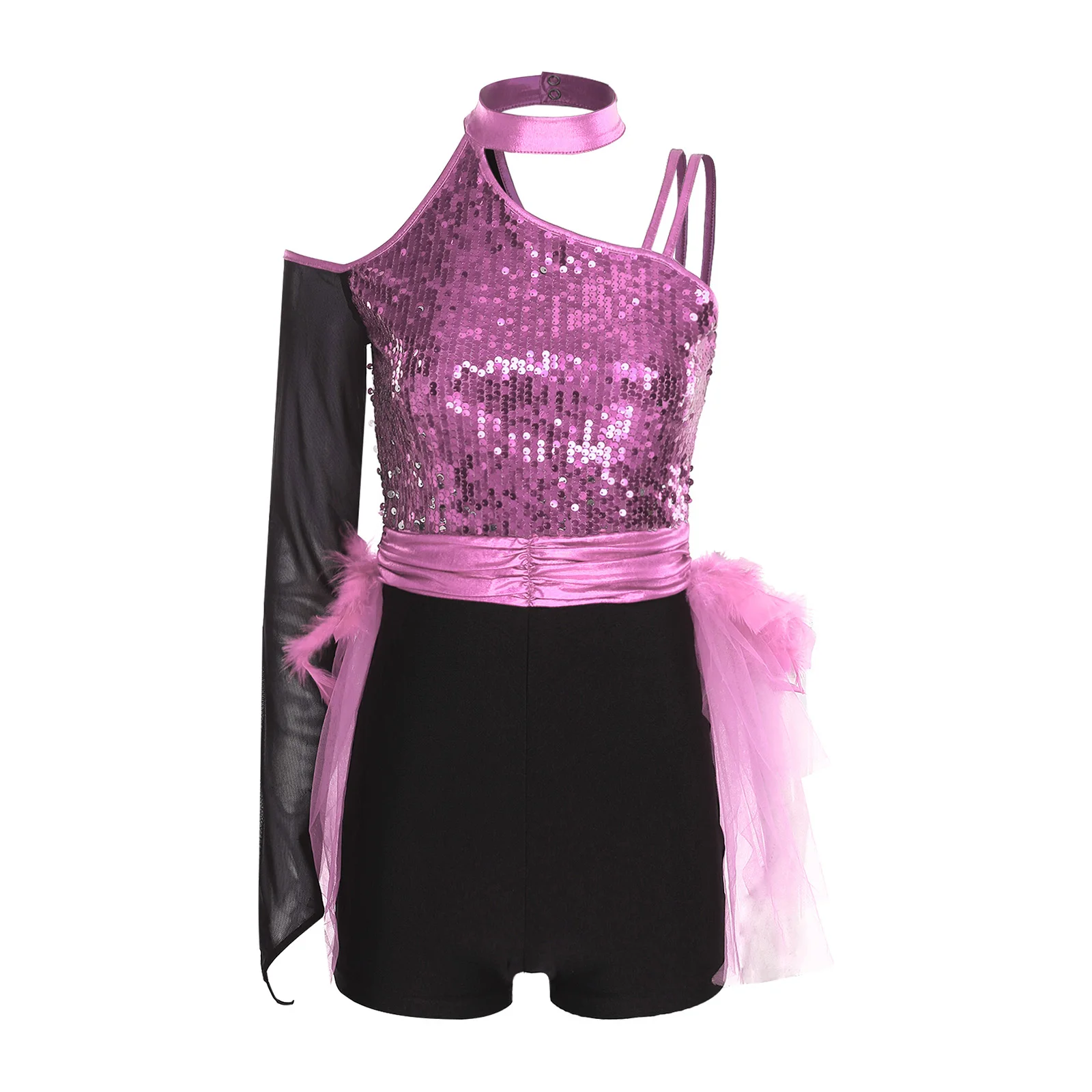 Spanischer Tanz-Body für Damen, One-Shoulder-Langarm-Strampler mit Pailletten und Federn, Overall für lateinamerikanischen Tanz, Chacha, Samba-Auftritt