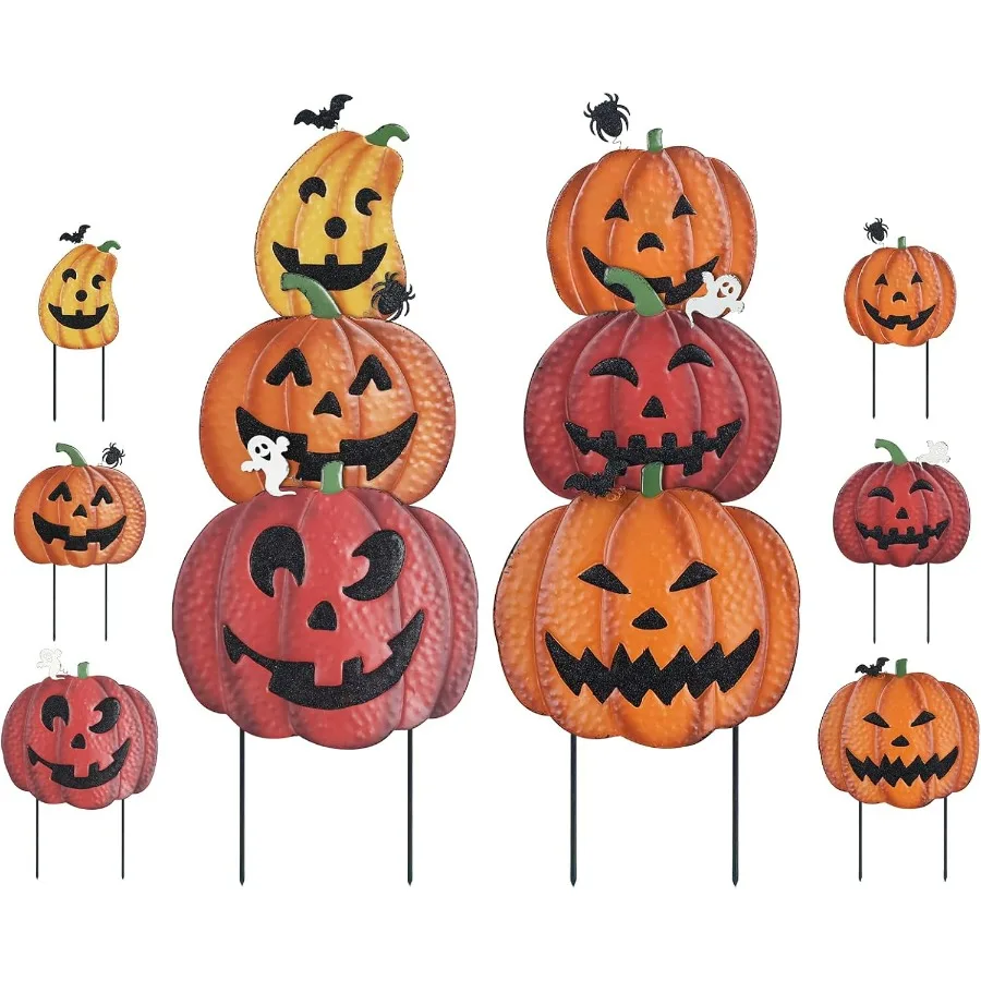2PCS 36 Decorative Garden Stakes with Pumpkins Jack O Lantern Metal Yard Signs for Outdoor Halloween Decorations in Garden Lawn