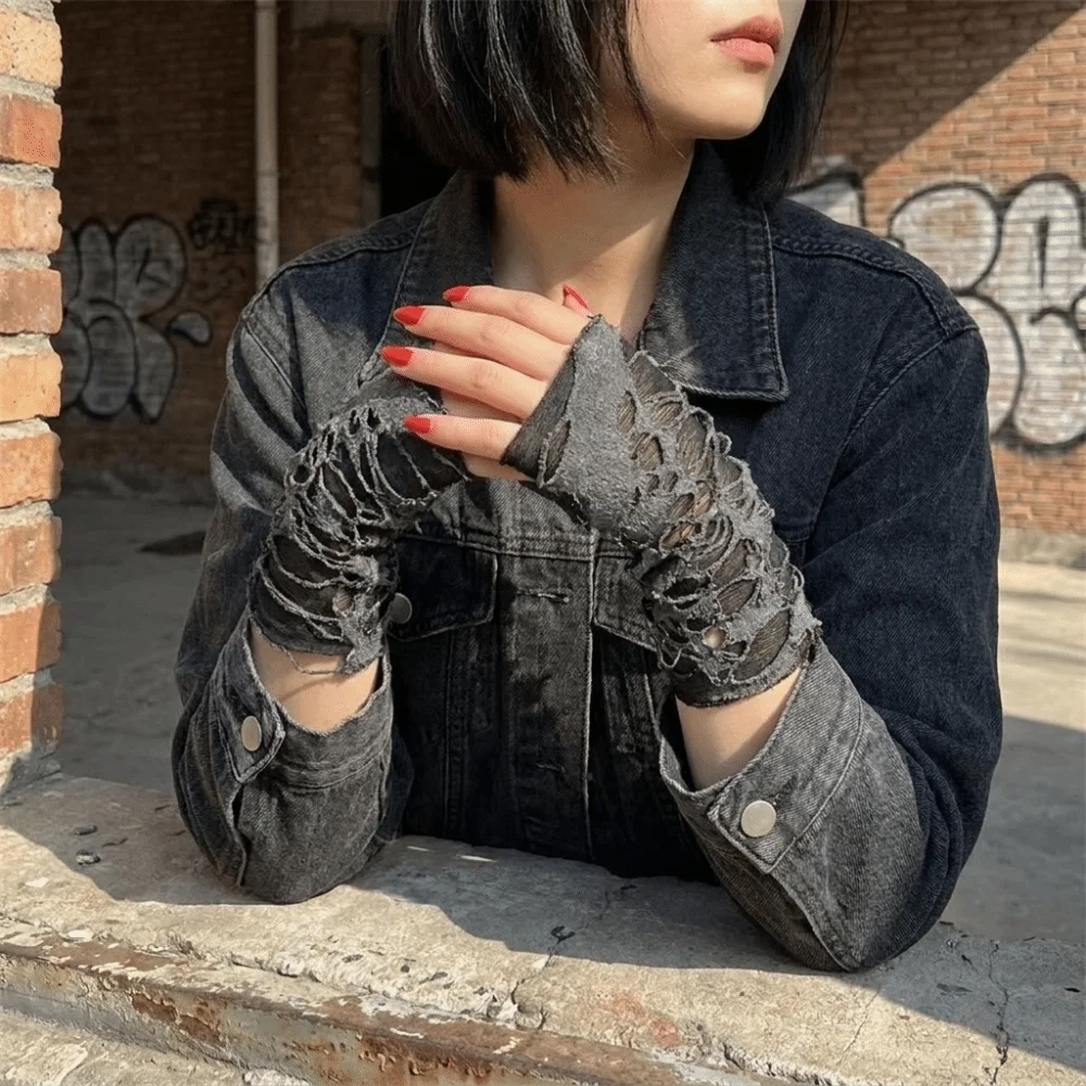 Fashion Gothic Style Fingerless Gloves Beggar Halloween Tear Punk Gloves Hollow Out Breathable Ripped Gloves Halloween