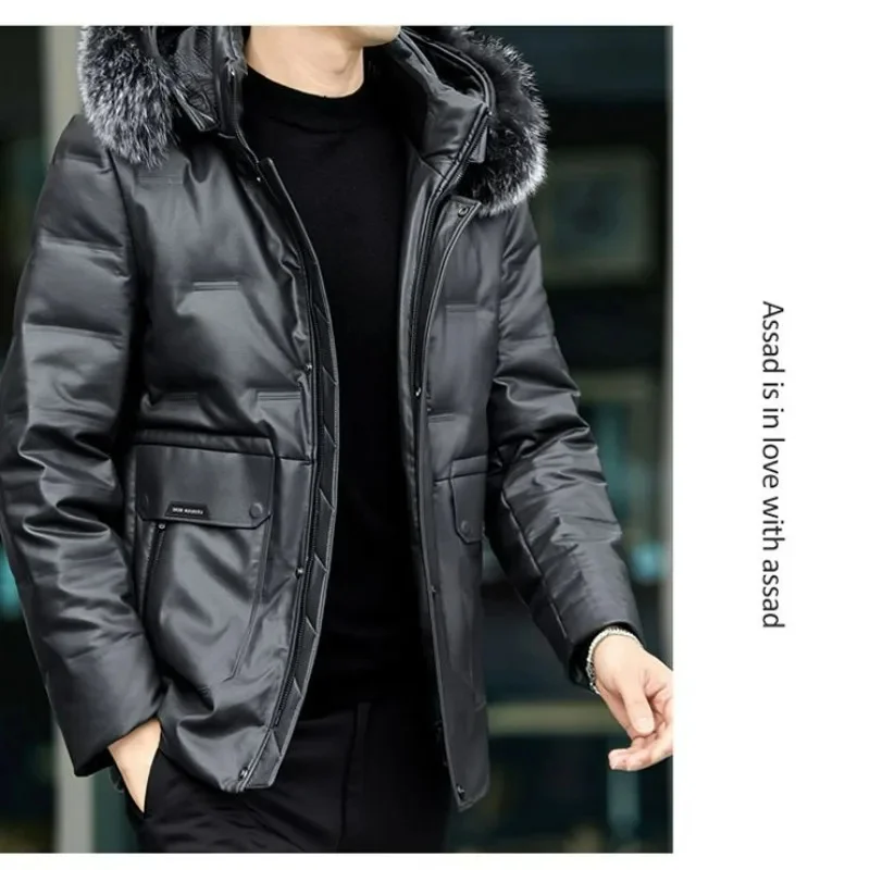 2023 New Artificial Coat Men High-End Fake Fox Fur Collar Solid Color Pure Leather Outerwear Hooded Casual down Jacket