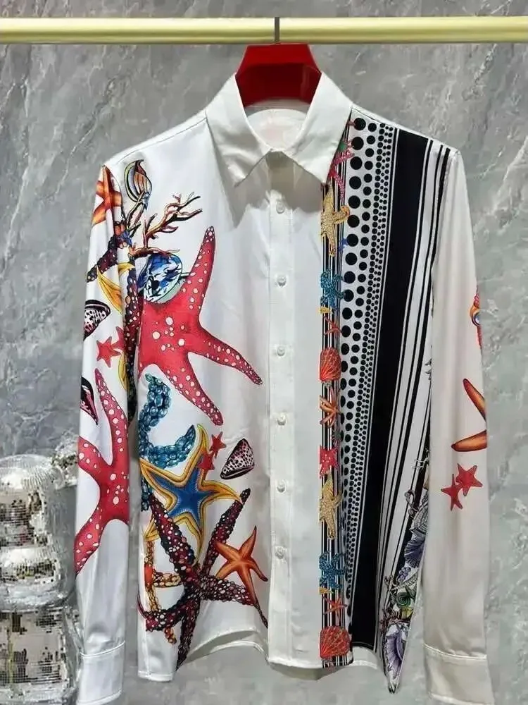 

Single-Button Casual T-irt Digital Printing Faion Urban Polyester Fiber Long Sve Loose Fit Men's irt Daily Wear
