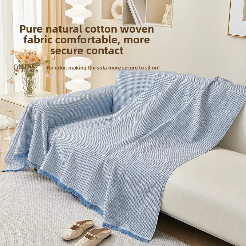 Cream Style Cotton Sofa Towel Fringe Edge Camping Blanket Sofa Cover 4 Season Universal Dustproof Anti Slip Sofa Blanket
