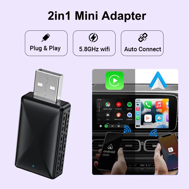 Mini 2 in 1 Wireless CarPlay and Android Auto Adapter Wired to Wireless Retain Original Car Function Plug and Play