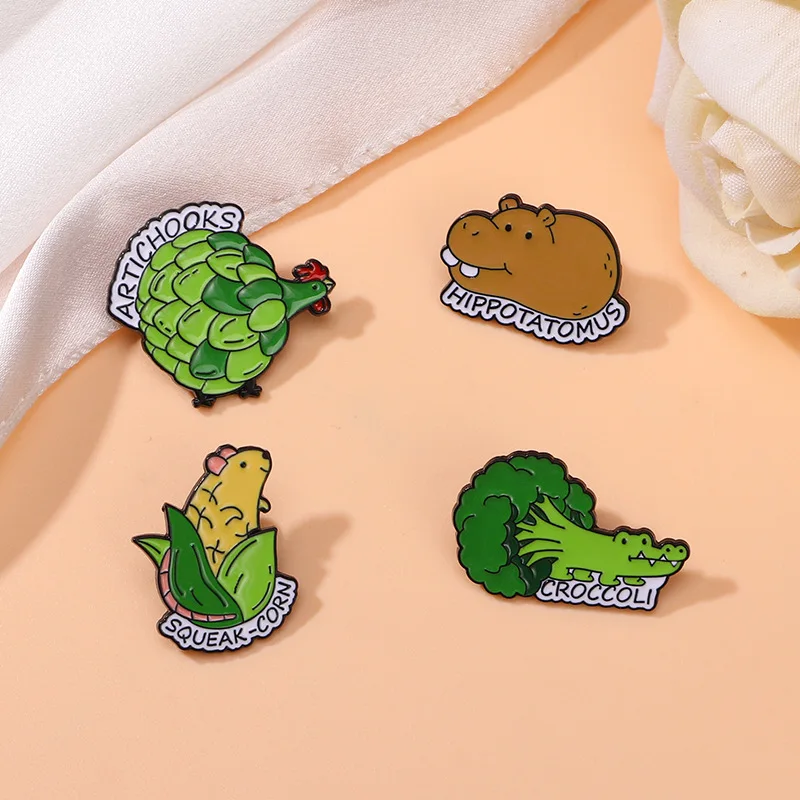 New Vegetable Animal Brooch Corn Mouse Broccoli Crocodile Potato Hippo Chicken Cartoon Enamel Alloy Badge Pin DIY Clothes Bag