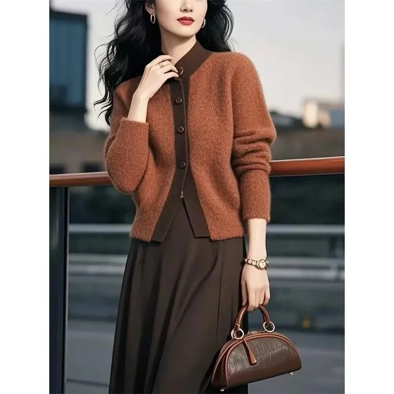 

Sweater Jacket for Women Autumn Winter Retro Fashion Small Fragrance Stylg Color Blocking Korean Style Knitted Cardigan Coat Top