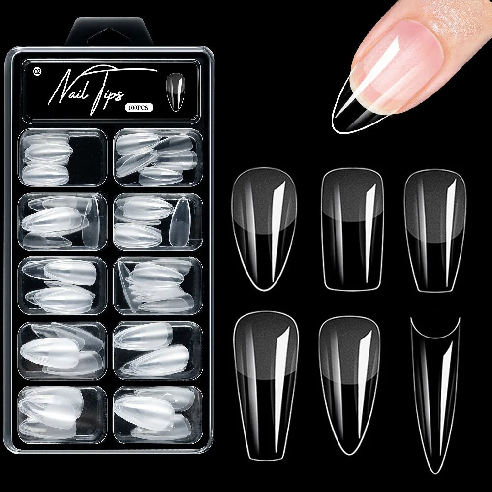 100 unidades/caja, 10 tipos de puntas de uñas postizas, uñas postizas transparentes de cobertura completa, uñas postizas largas estilo bailarina