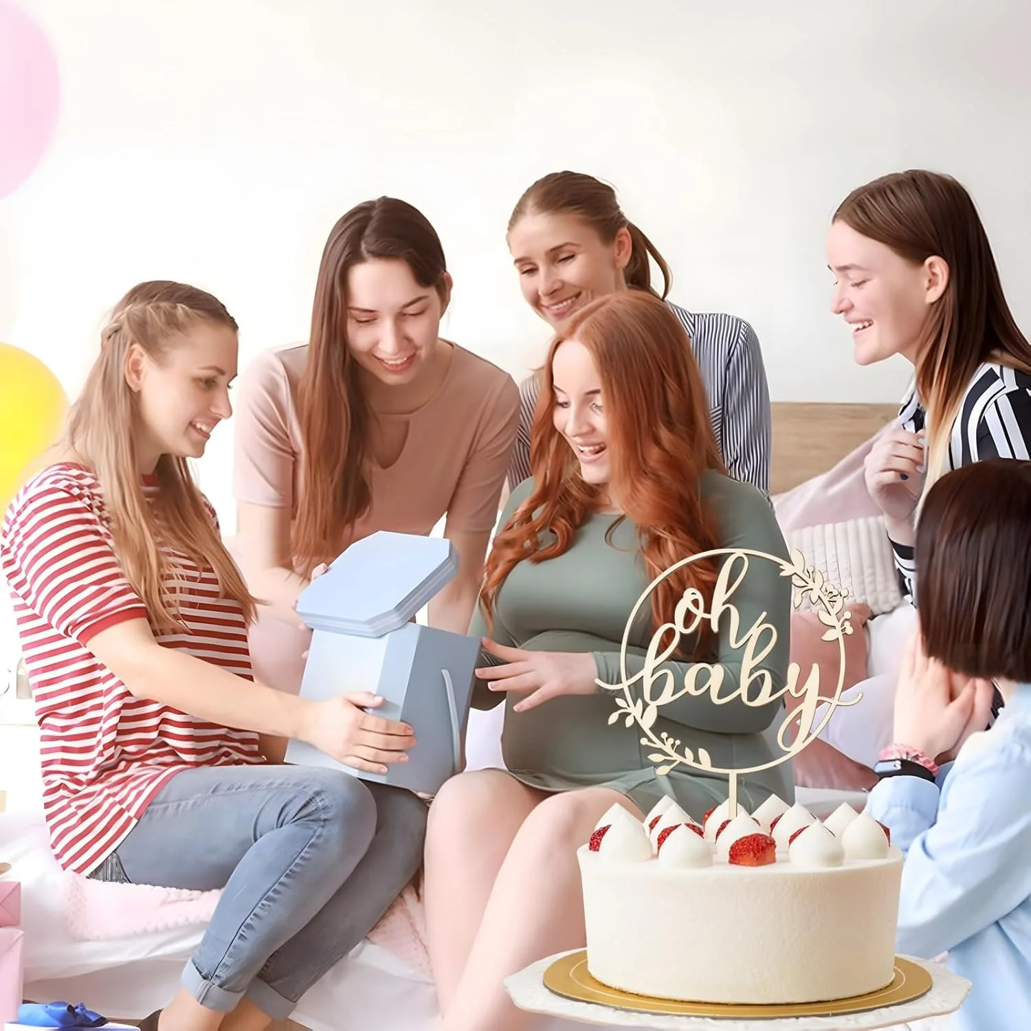 Oh Baby Kuchenaufsatz aus Holz, Babyparty-Kuchenaufsatz, Geschlechtsneutral, Junge Mädchen, Boho Rustikal, Geschlechtsoffenbarungs-Kuchendekoration – Detail 5