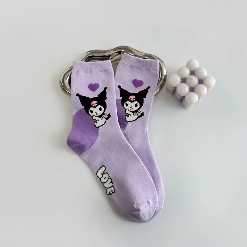 5 pares de calcetines a media pantorrilla con dibujos animados de Sanrio Kuromi para mujer, calcetines Harajuku transpirables y cómodos de mezcla de algodón para niñas